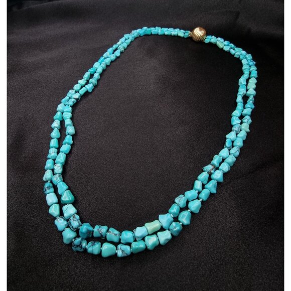 Vintage 14K Solid Gold Genuine Turquoise Two-Strand Necklace With Shell Clasp - Picture 2 of 5